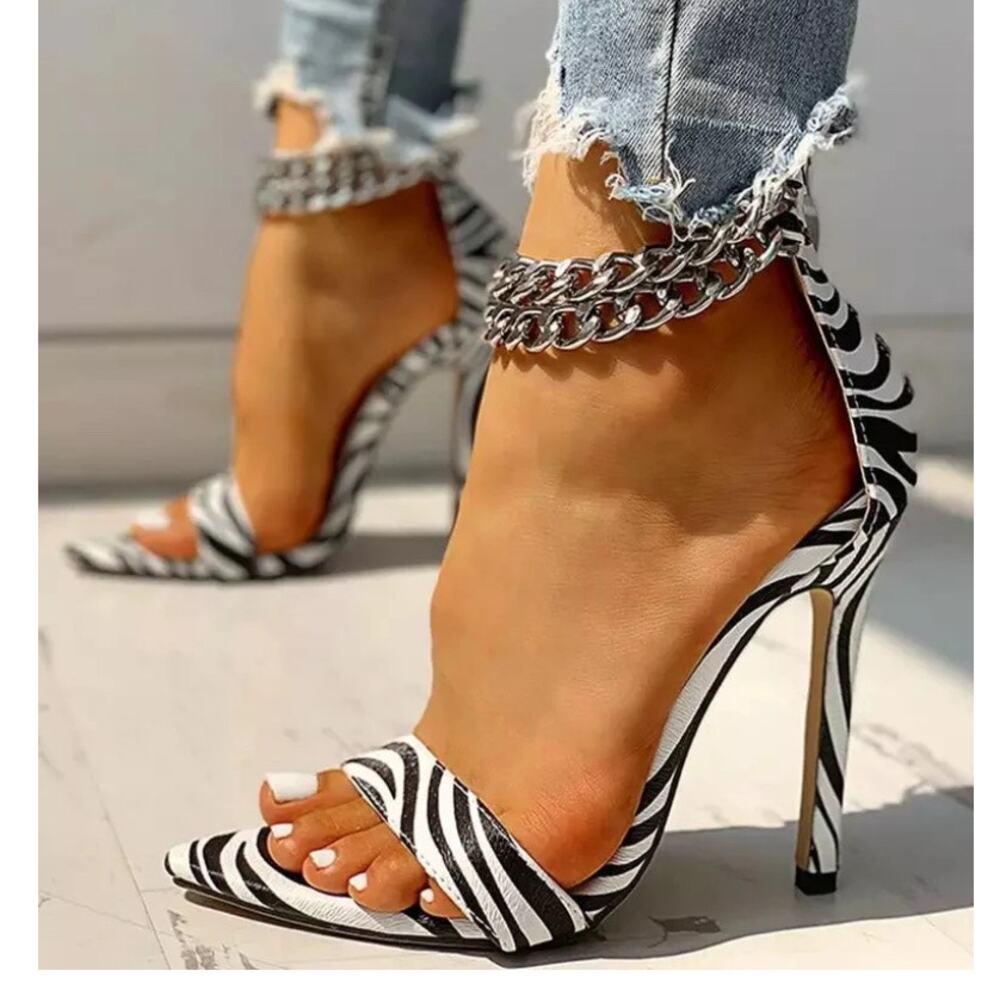 Metal Chain High Heels Women's Rome Summer Sexy Zebra size CN39 US 7.5